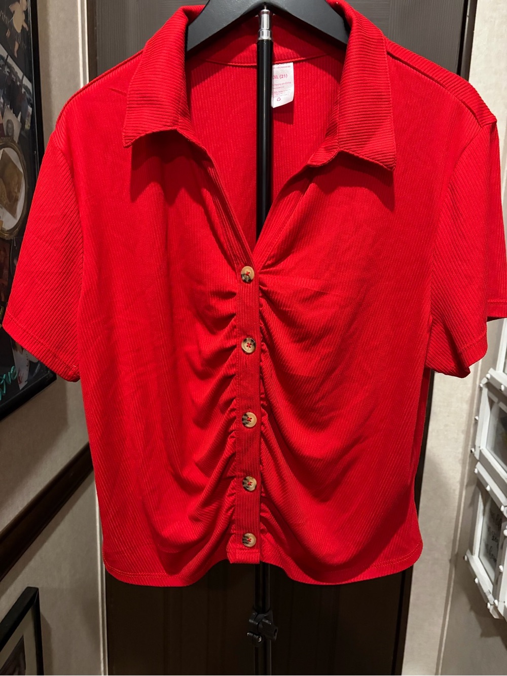 No Boundaries Red Short Sleeve Ruched Button Front Blouse